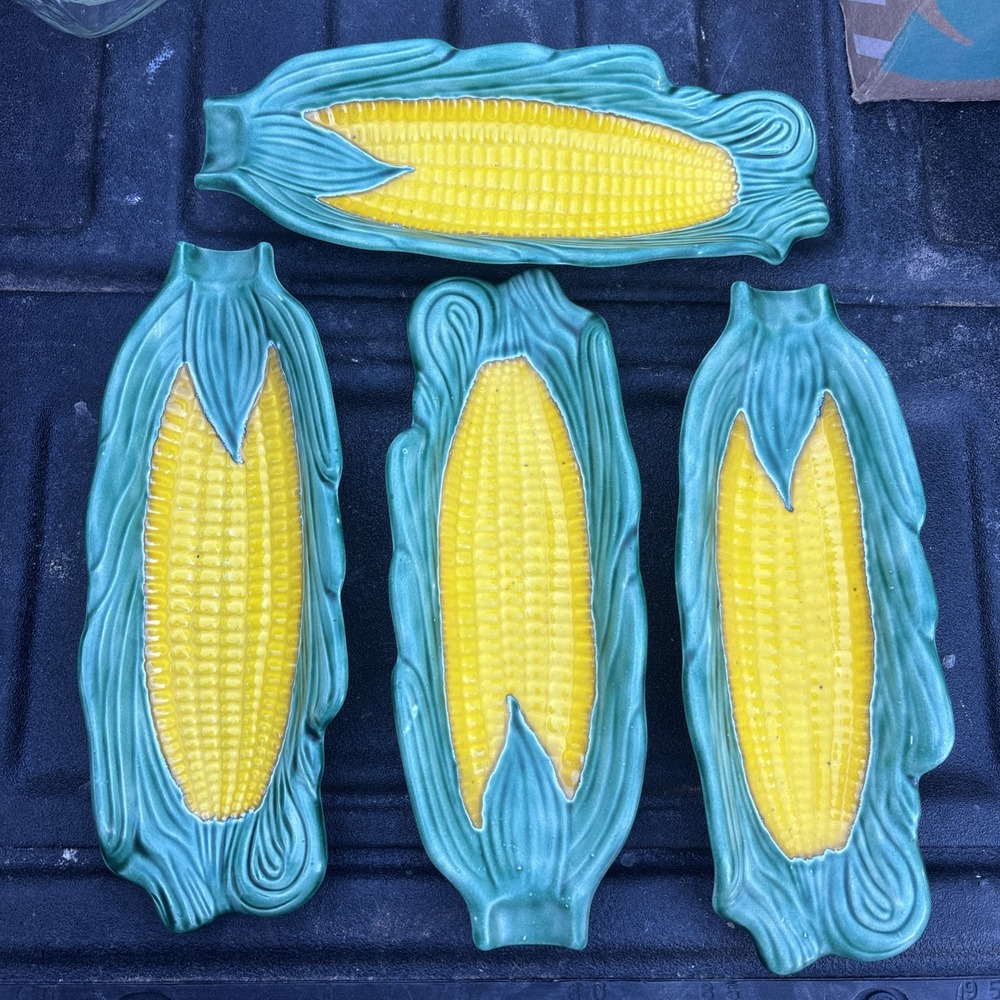 Vintage Ceramic Corn on the Cob Dishes Set of 4 Yellow Green Serving Holders